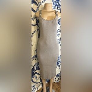 Michael Kors Metallic Gray Logo Ribbed Midi Knit Stretch Dress EC